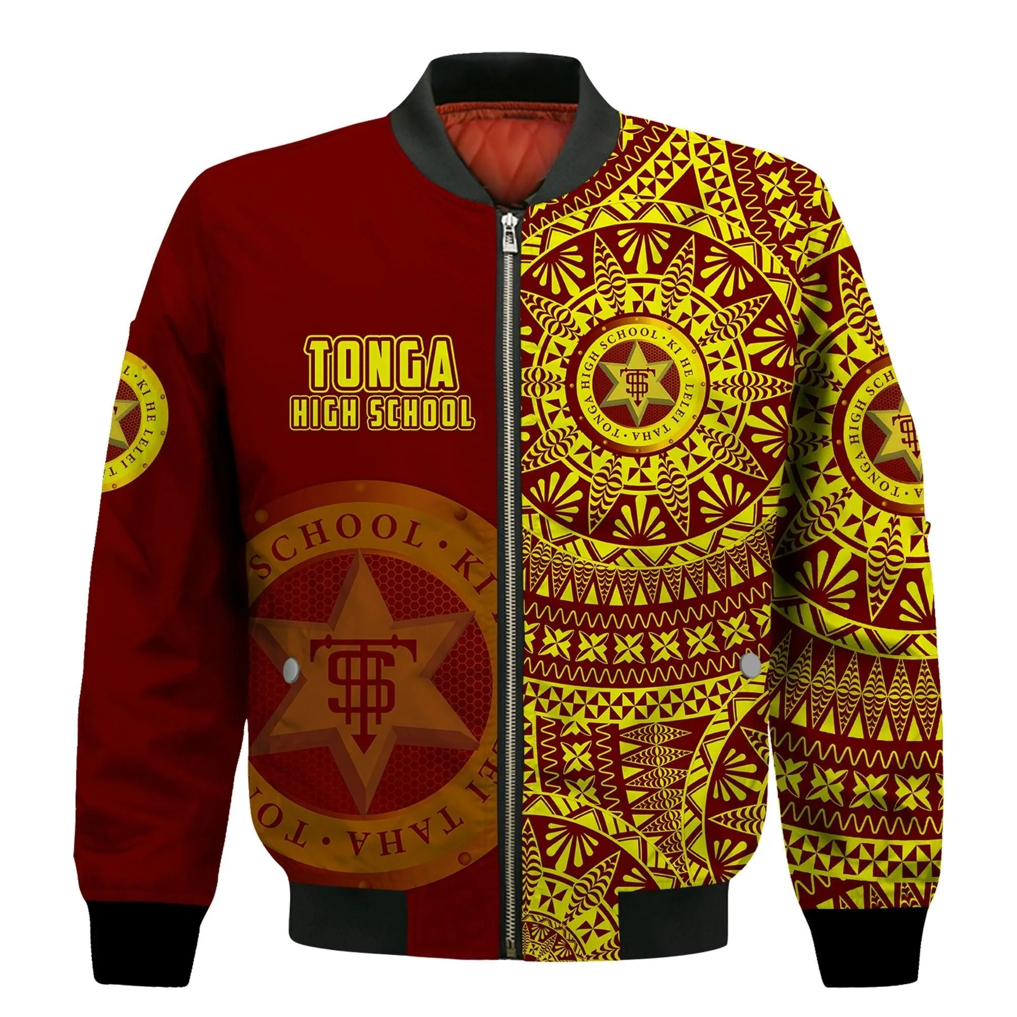 (Custom Personalised) Tonga High School Bomber Jacket Tongan Ngatu Pattern LT14