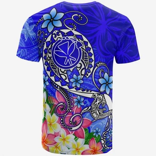 Hawaii T Shirt - Turtle Plumeria Polynesian Tattoo Blue Color