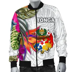 Tonga Mens Bomber Jacket Polynesian Hibiscus White Pattern