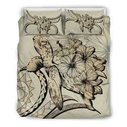 FamilyGater Home Set - Hawaii Turtle Hibiscus Polynesian Vintage Bedding Set - Beige - AH - J4