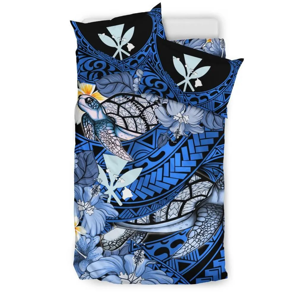 FamilyGater Bedding Set - Cover and Pillow Cases Kanaka Maoli (Hawaiian) - Waves Polynesian Turtle Hibiscus (Dark Blue) A24