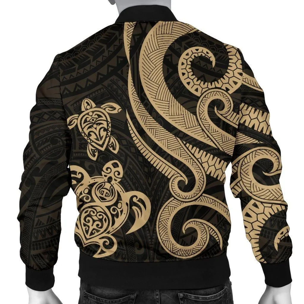 Fiji Polynesian Men Bomber Jacket - Gold Tentacle Turtle Crest
