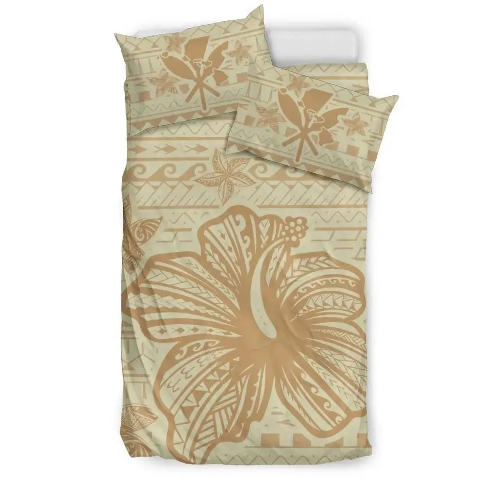 FamilyGater Home Set - Hawaii Hibiscus Plumeria Kanaka Polynesian Vintage Bedding Set - Beige - AH - J4