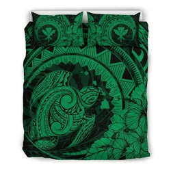 FamilyGater Bedding Set - Cover and Pillow Cases Hawaiian Map Kanaka Honu Hibiscus Green Globular Polynesian - AH - JD