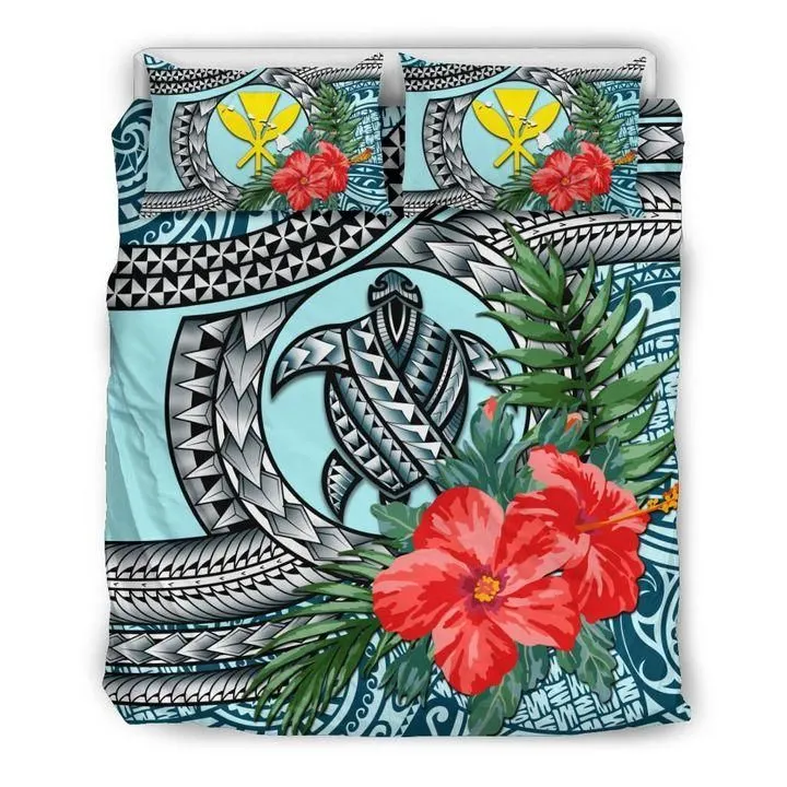 Kanaka Maoli (Hawaiian) Bedding Set - Polynesian Turtle Hibiscus Blue