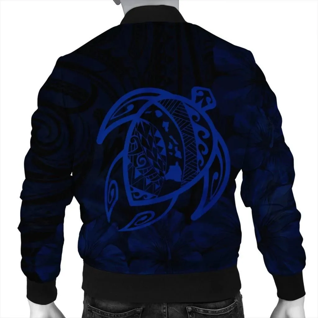 Alohawaii Jacket - Hawaiian Map Turtle Kanaka Hibiscus Polynesian Bomber Jacket - Blue - AH - J4R