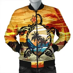Hawaiian Turtle Plumeria Coconut Tree Polynesian Bomber Jacket Gold - AH