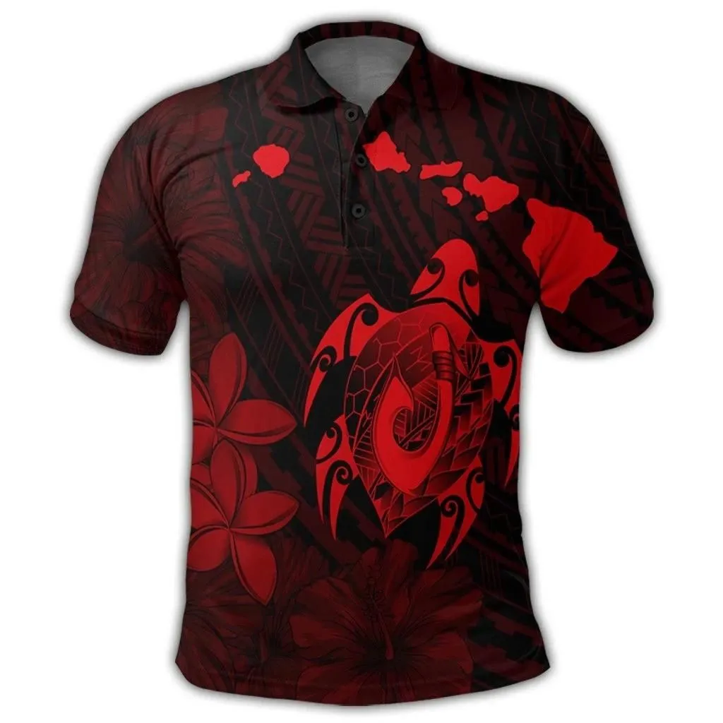 Alohawaii Shirt - Hawaiian Map Turtle Plumeria Hibiscus Fish Hook Polynesian Polo Shirt Red - AH - J5R
