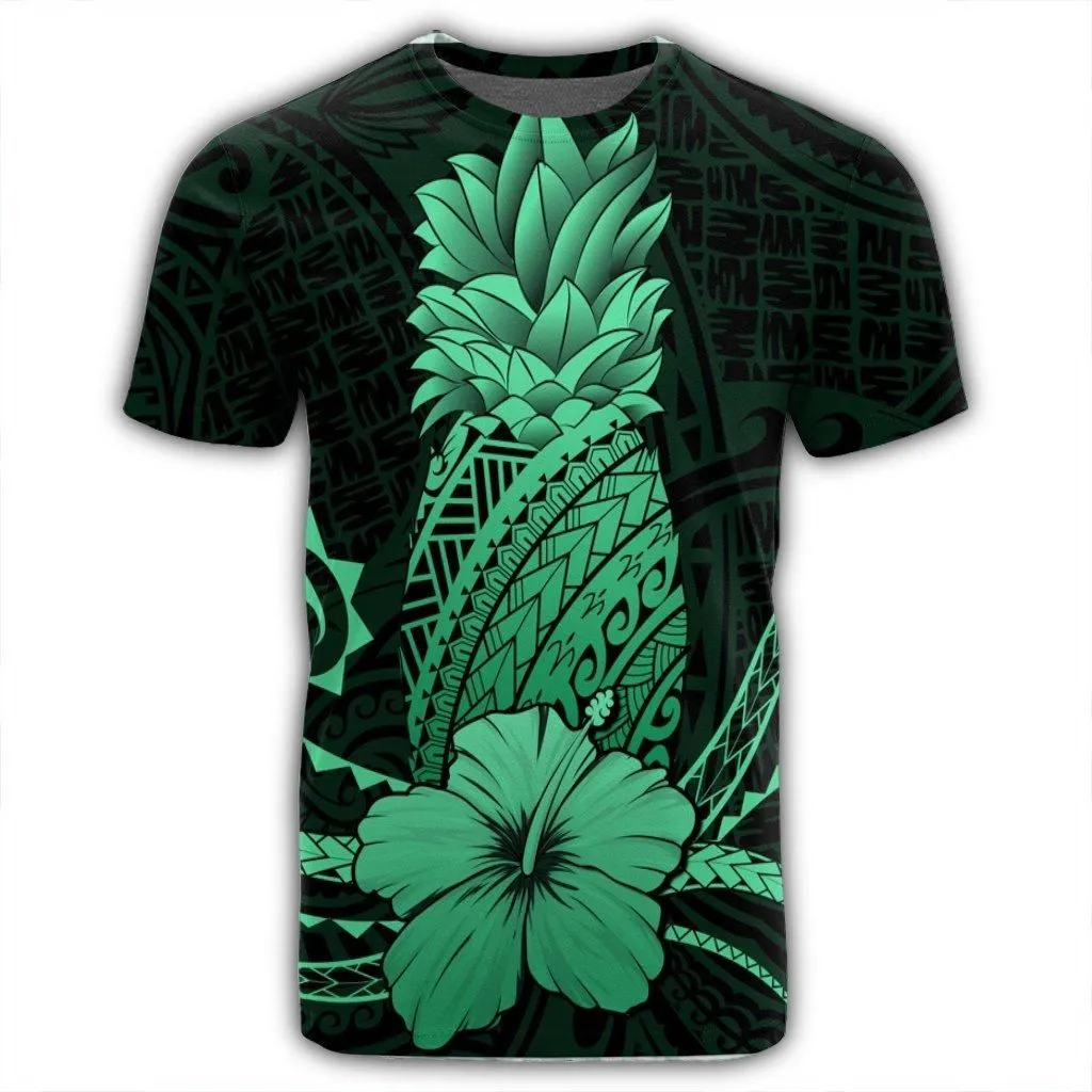 Hawaii Polynesian Pineapple Hibiscus T-Shirt - Green - AH