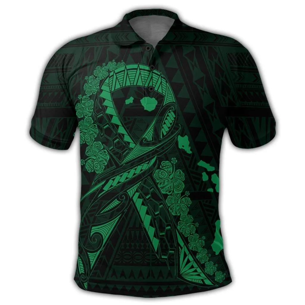 Hawaiian Map Heart Ribbon Cancer Hibiscus Green Polynesian Polo Shirt - AH