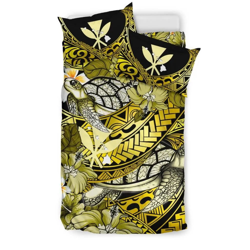 FamilyGater Bedding Set - Cover and Pillow Cases Kanaka Maoli (Hawaiian) - Waves Polynesian Turtle Hibiscus (Yellow) A24