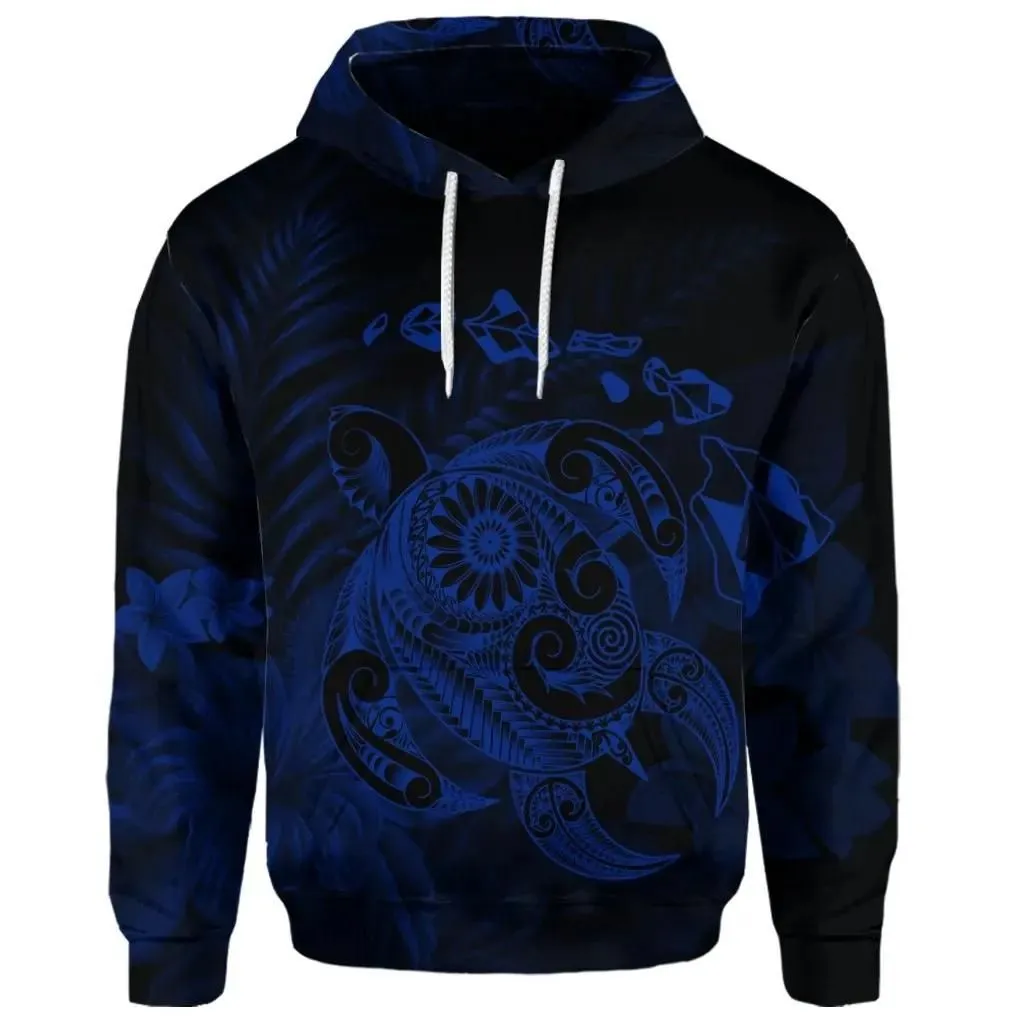 Alohawaii Hoodie - (Personalised) Hawaiian Map Turtle Tattoo Hibiscus Plumeria Polynesian Hoodie - Blue - AH - J4R