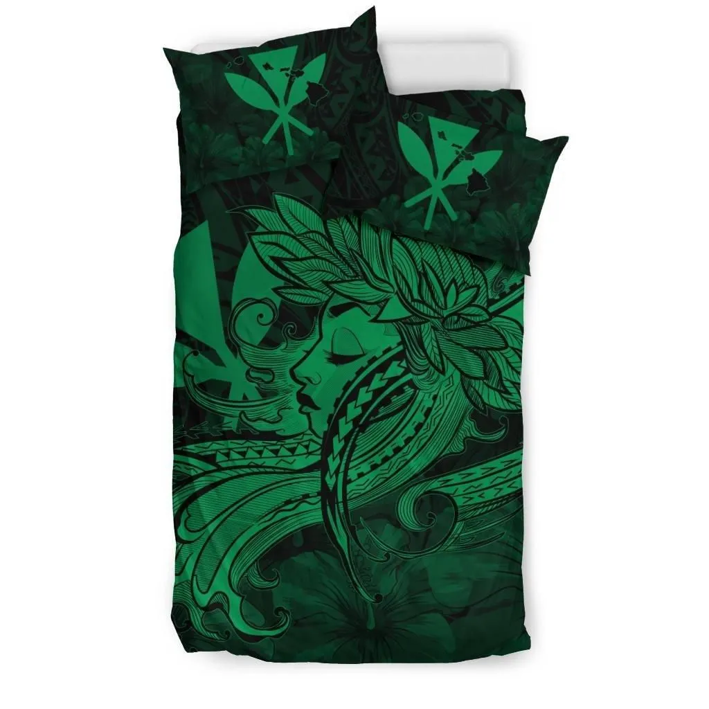 Alohawaii Home Set - Hawaiian Map Hula Girl Hibiscus Kanaka Polynesian Bedding Set - Green - AH J4