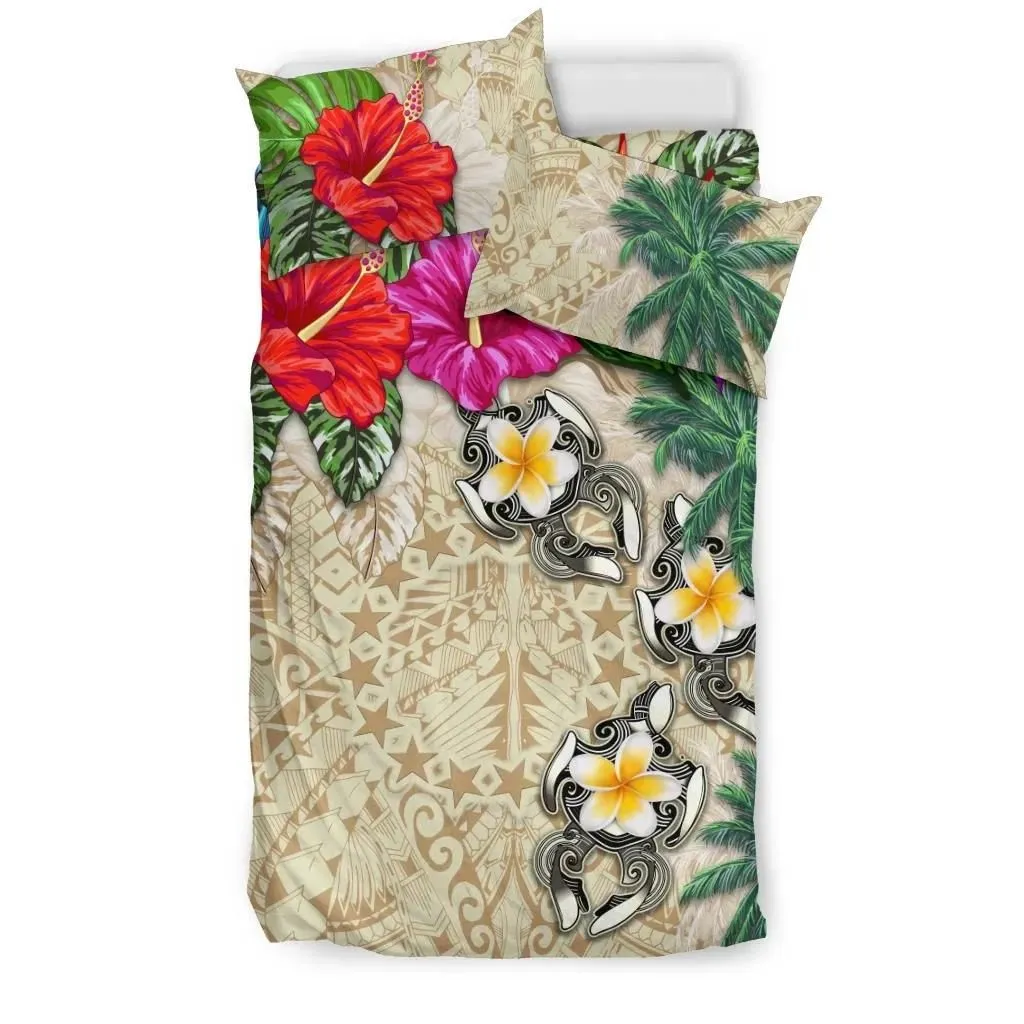 FamilyGater Bedding Set - Cover and Pillow Cases Cook Islands - Hibiscus Turtle Tattoo Beige A02