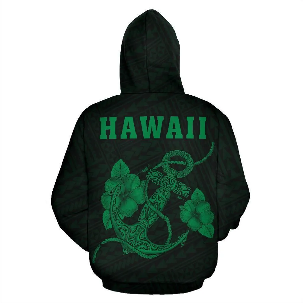 Polynesian Kakau Anchor Hibiscus Hawaii Hoodie Green