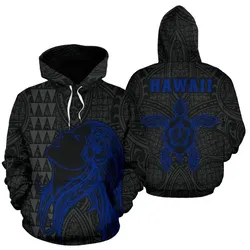 Alohawaii Clothing - Hoodie Polynesian Kakau Hula Girl Turtle Hibiscus Hawaii Blue - AH - J1