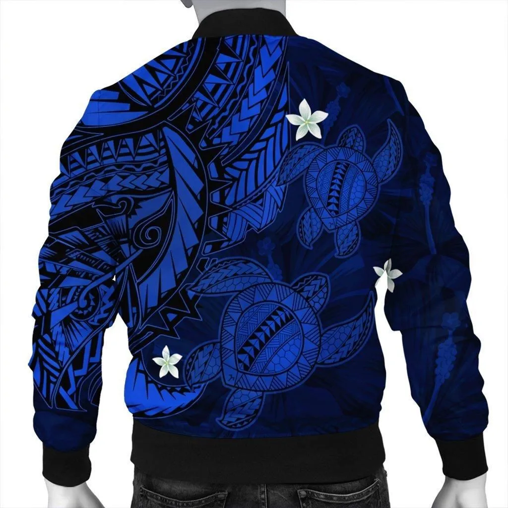 Hawaii Polynesian Turtle Hibiscus Bomber Jacket - Blue