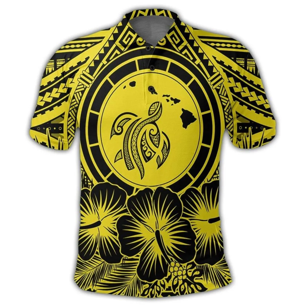 Hawaiian Map Honu Hibiscus Tropic Yellow Polynesian Polo Shirt - AH