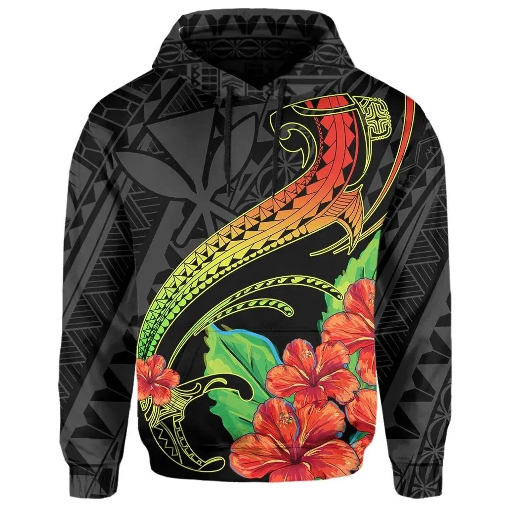 Alohawaii Hoodie - Hawaii Kanaka Map Shark Hibiscus Polynesian Hoodie - Grey - Morti Style - AH - J2