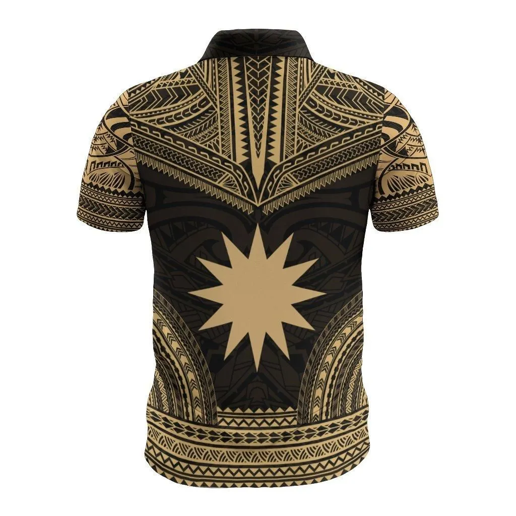Nauru Polo Shirt - Coat Of Arms Polynesian Chief Tattoo Gold Version