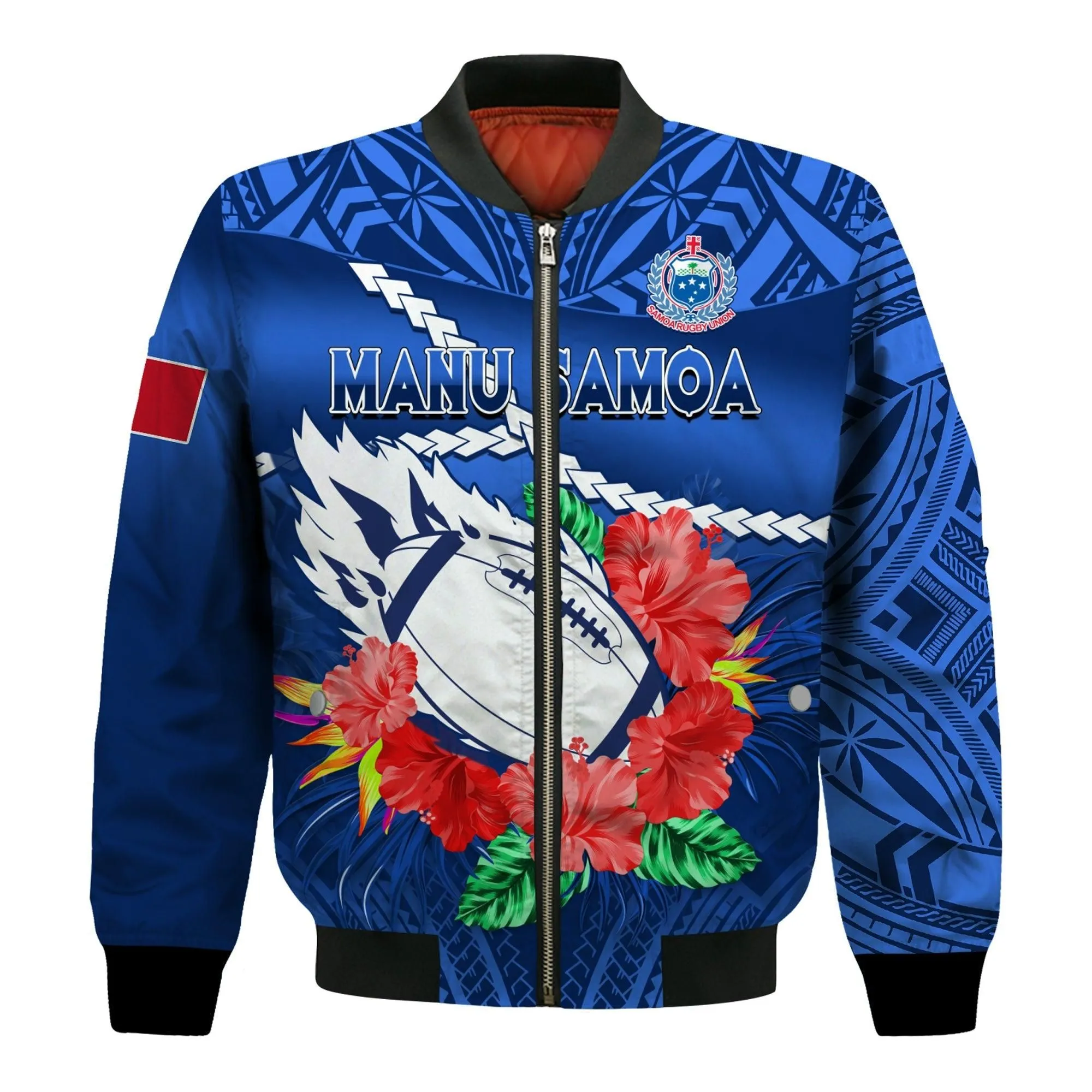 (Custom Text And Number) Samoa Rugby Bomber Jacket Manu Samoa Polynesian Hibiscus Blue Style LT14