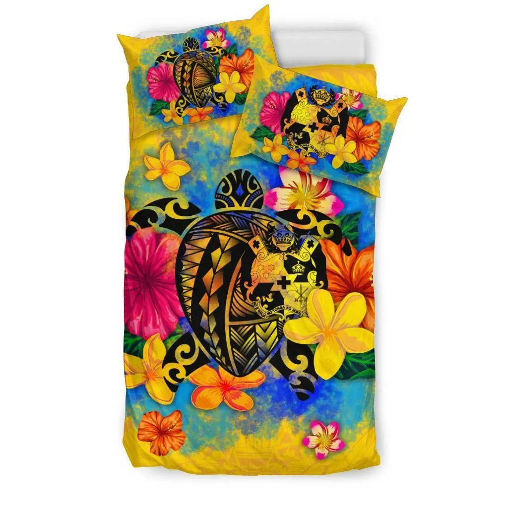 FamilyGater Bedding Set - Cover and Pillow Cases Tonga Polynesian - Turtle with Plumeria and Hibiscus - BN15