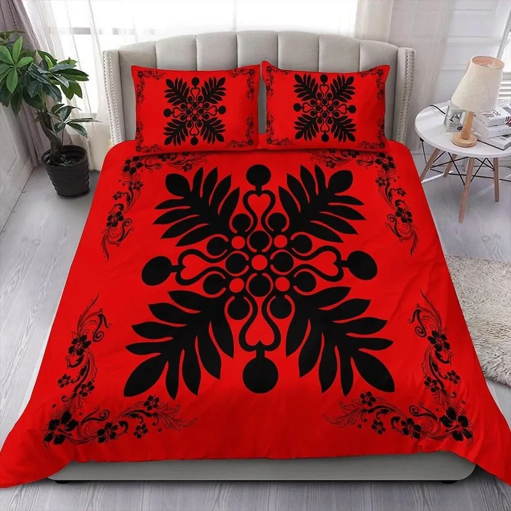 Alohawaii Home Set - Hawaiian Quilt Maui Plant And Hibiscus Pattern Bedding Set - Black Red - AH J8
