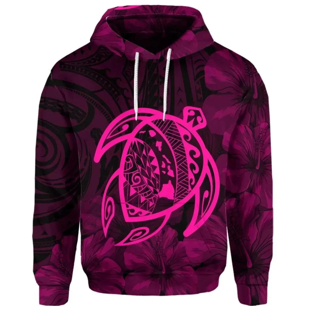 Alohawaii Hoodie - (Personalised) Hawaiian Map Turtle Kanaka Hibiscus Polynesian Hoodie - Pink - AH - J4R