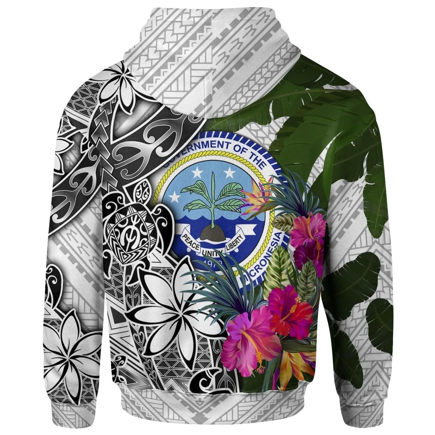 Federated States Of Micronesia Hoodie White - Turtle Plumeria Banana Leaf