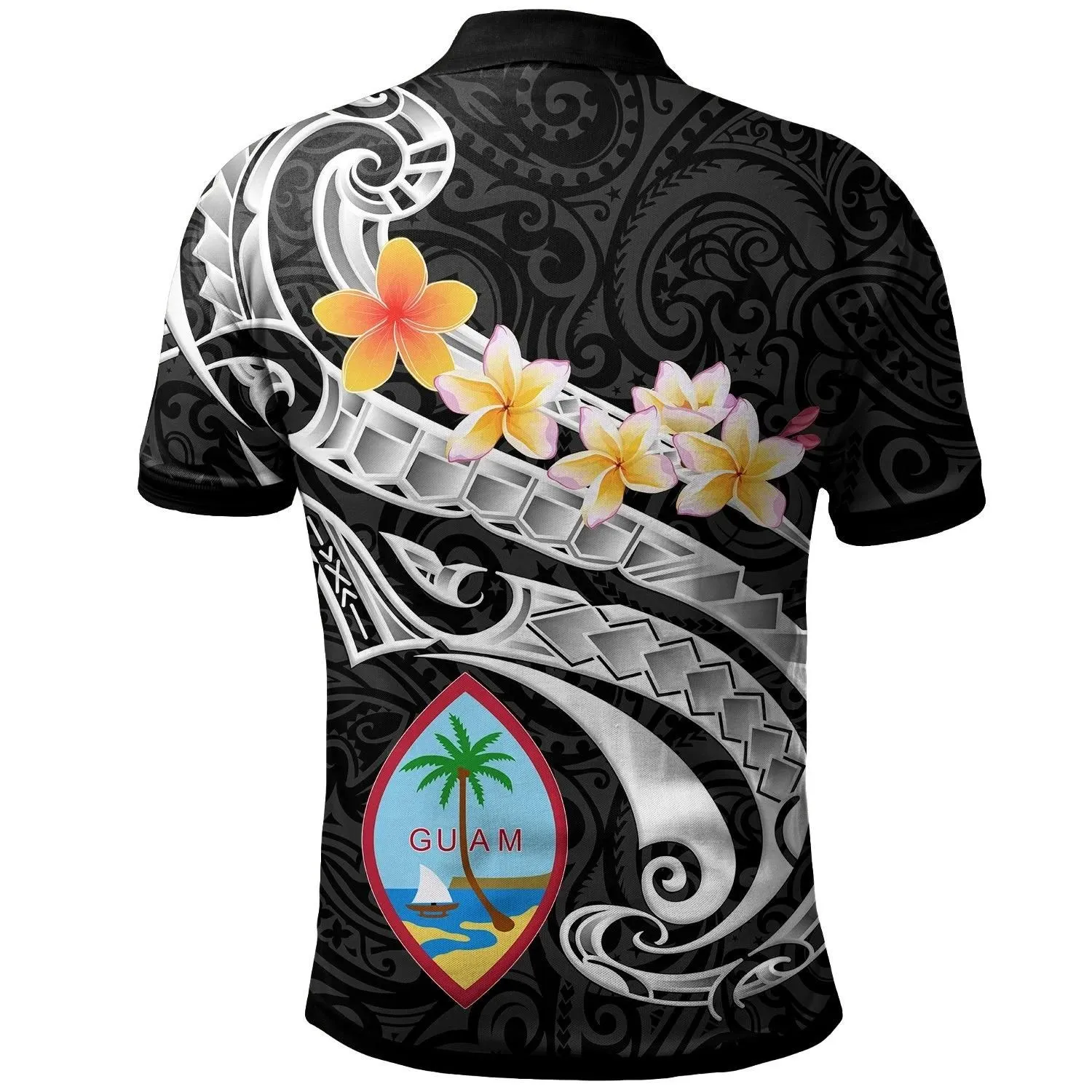 Guam Personalised Polo Shirt - Guam Seal Polynesian Patterns Plumeria (Black) - BN25