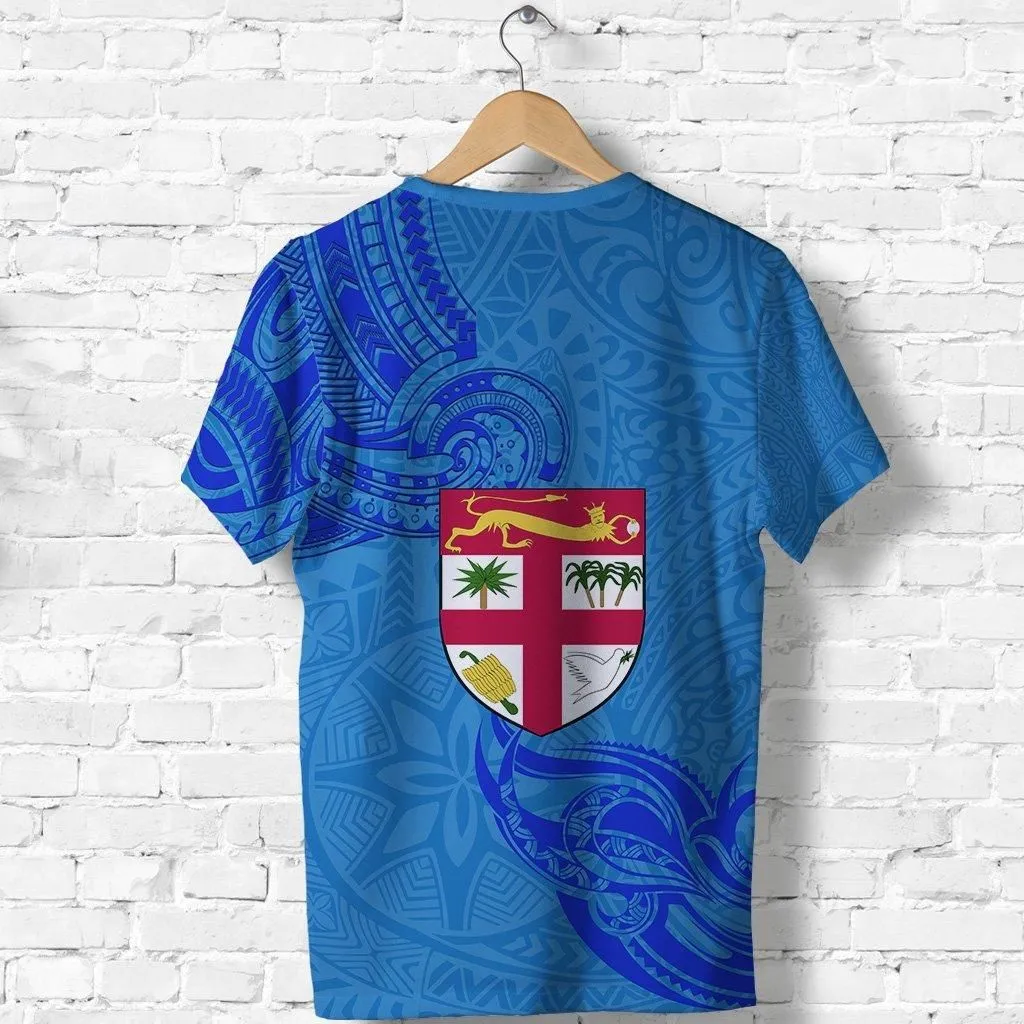 (Custom Personalised) Blue T Shirt Fiji Rugby Polynesian Waves Style