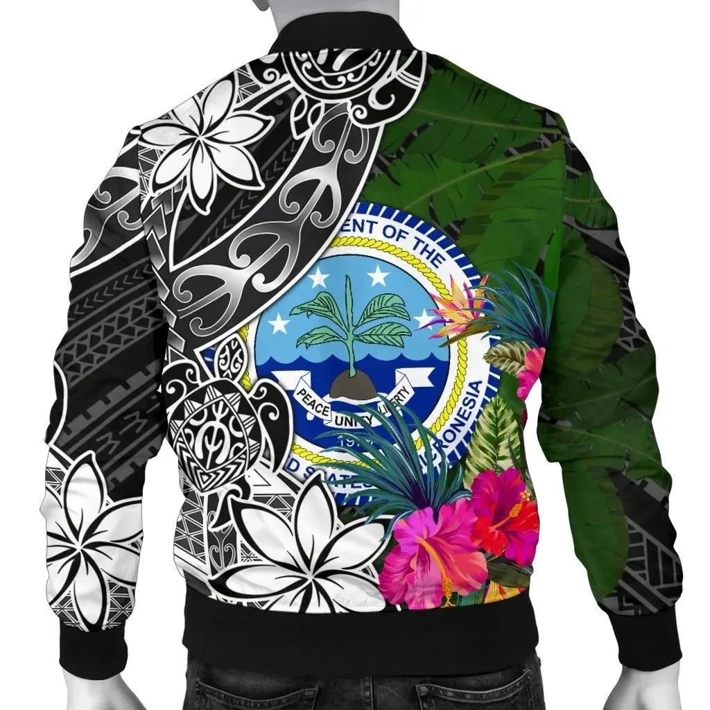 Federated States of Micronesia Men Bomber Jacket - Turtle Plumeria Banana Leaf - BN11