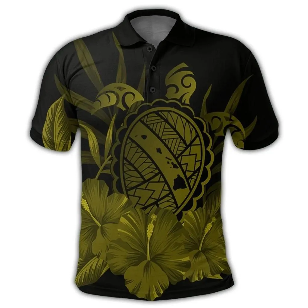 Alohawaii Shirt - Hawaiian Map Turtle Hibiscus Polynesian Polo Shirt - Yellow - AH - J4R