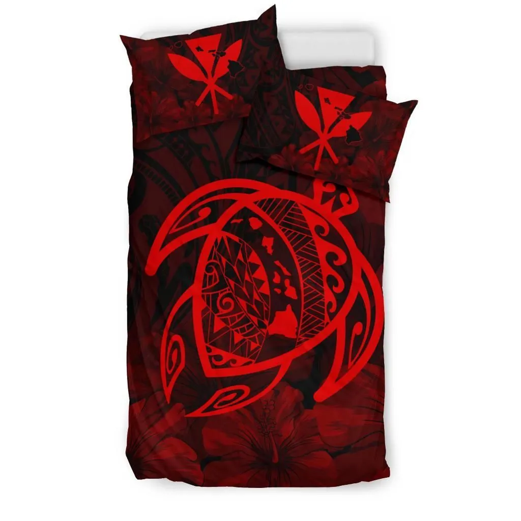 FamilyGater Home Set - Hawaiian Map Turtle Kanaka Hibiscus Polynesian Bedding Set - Red - AH J4