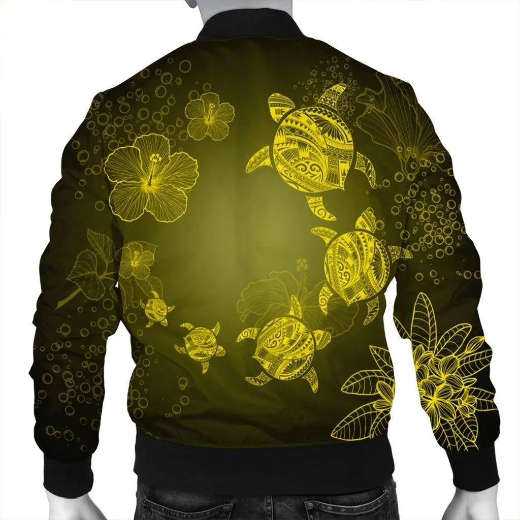 Hawaiian Plumeria Hibiscus Turtle Under Sea Polynesian Bomber Jacket Yellow AH