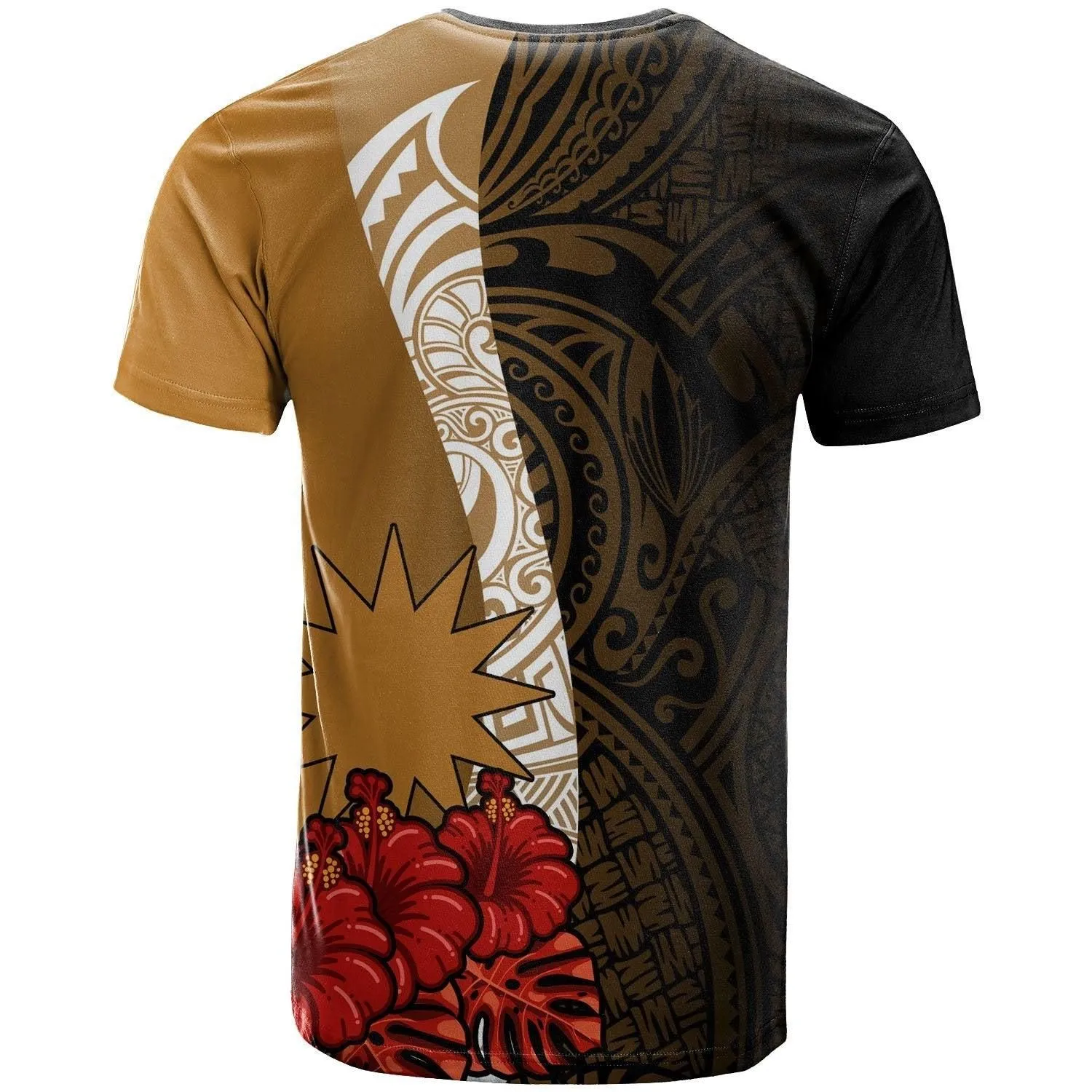 Nauru Polynesian Custom Personalised T shirt - Coat Of Arms With Hibiscus Gold