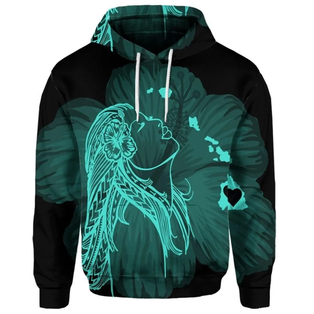 (Personalised) Hawaiian Map Heart Hula Girl Hibiscus Turquoise Polynesian Hoodie