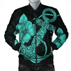 Hawaiian Anchor Poly Tribal Hibiscus Polynesian Bomber Jacket Turquoise