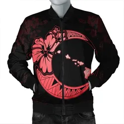 Hawaiian Map Hibiscus Turtle Polynesian Moon Bomber Jacket Red - AH