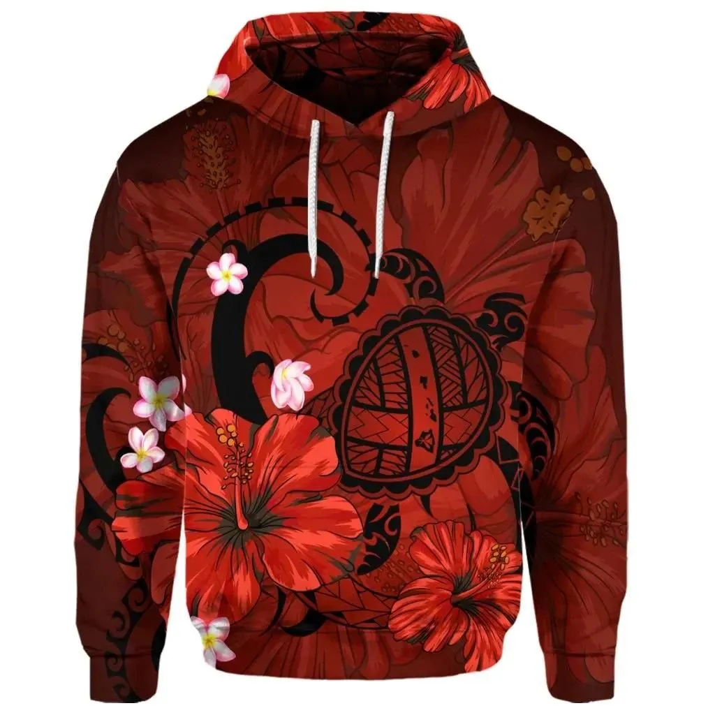 Alohawaii Hoodie - (Personalised) Hawaiian Map Big Turtle Hibiscus Plumeria Tribal Polynesian Hoodie - Red - AH - J6R