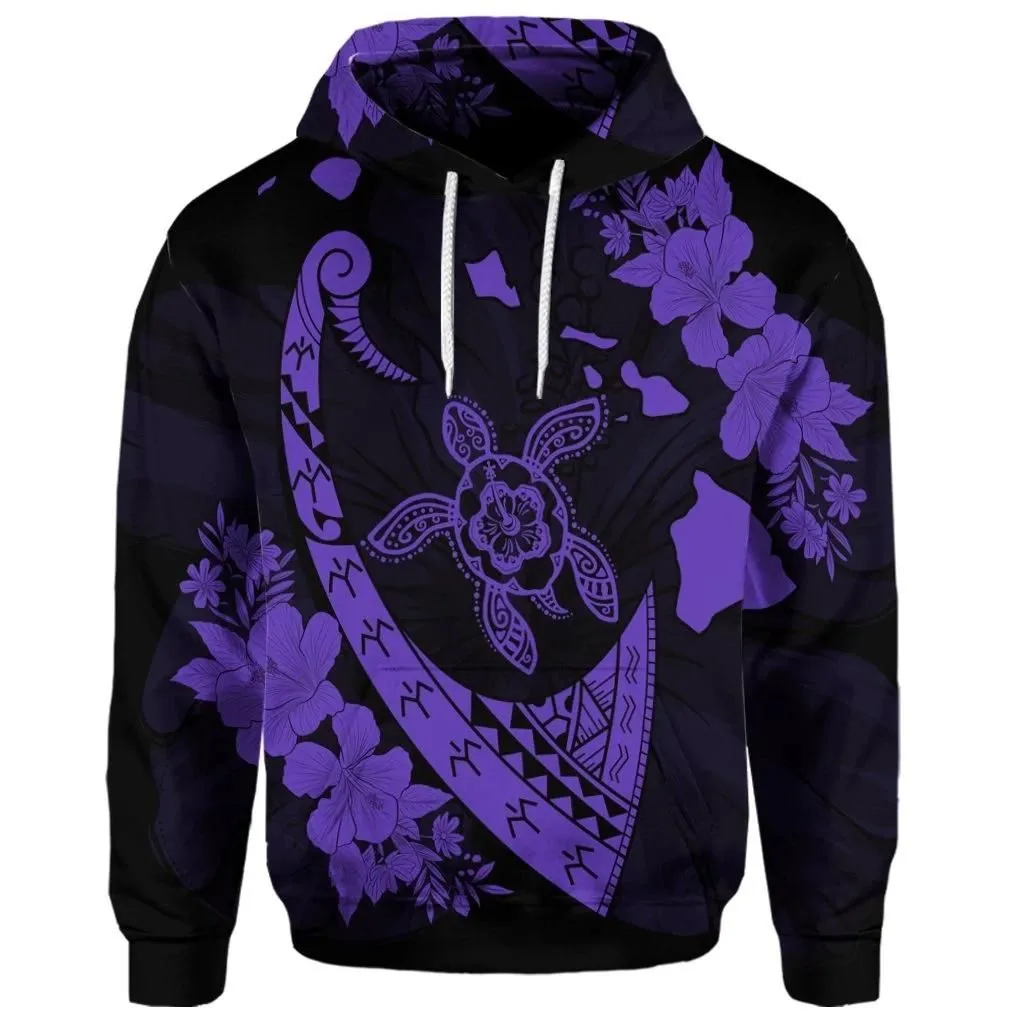 Alohawaii Hoodie - (Personalised) Hawaiian Map Hibiscus Turtle Fish Hook Polynesian Hoodie Purple - AH - J5R