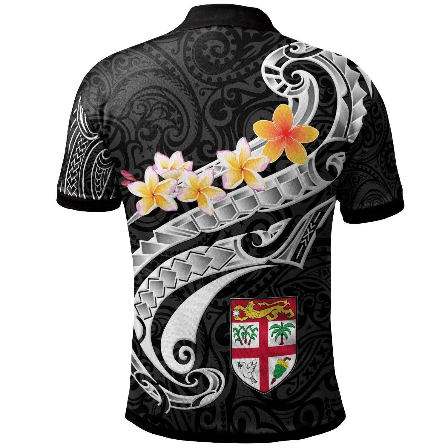 Fiji Polo Shirt - Fiji Seal Polynesian Patterns Plumeria (Black)