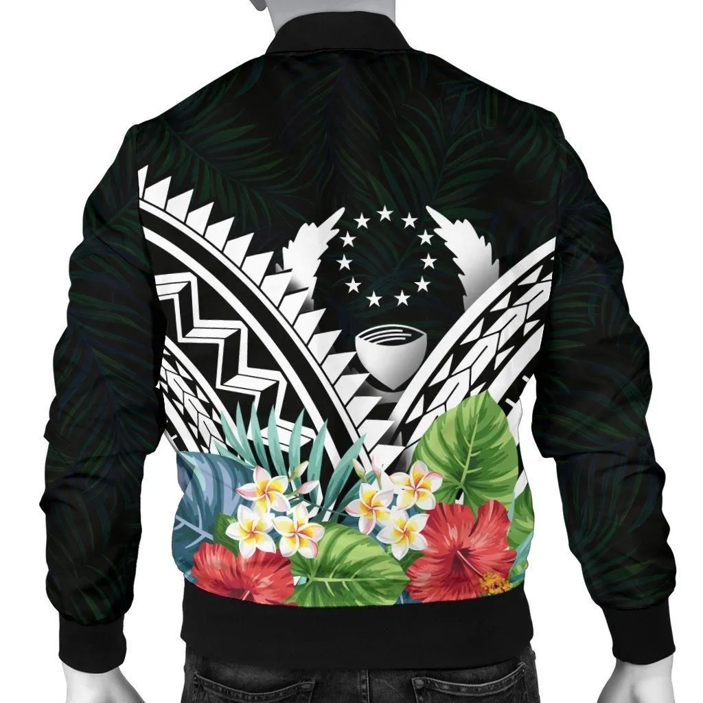 Pohnpei Mens Bomber Jacket - Pohnpei Caledonia Coat of Arms & Polynesian Tropical Flowers White