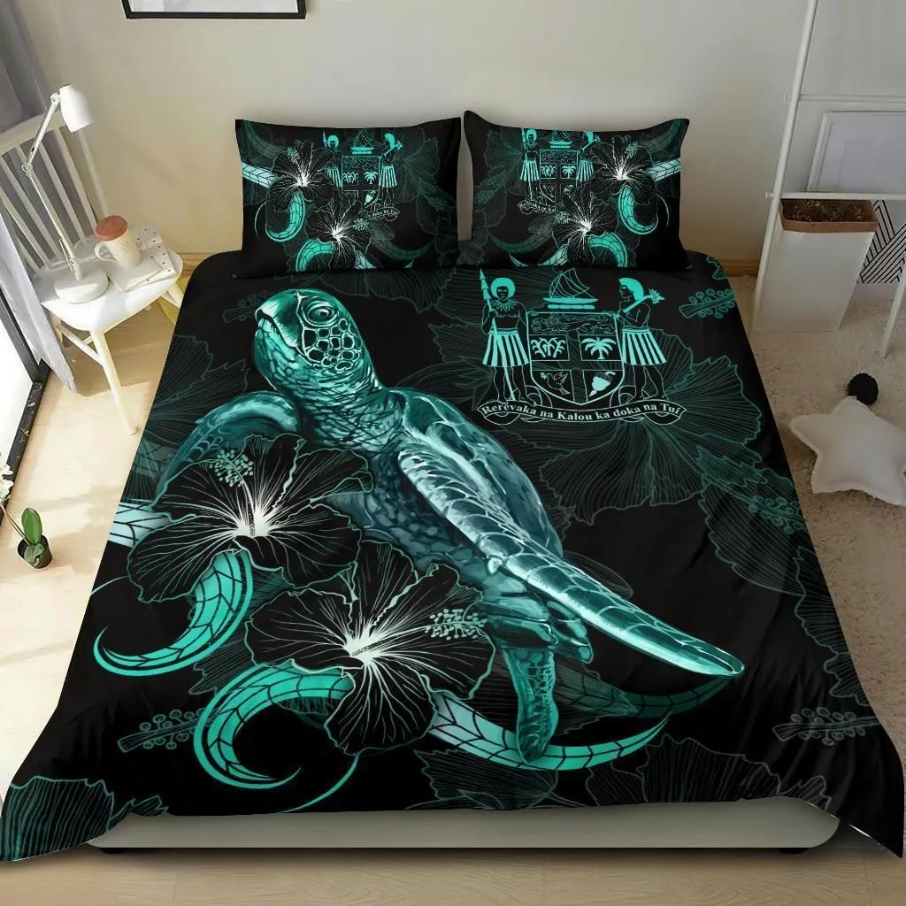Fiji Polynesian Bedding Set - Turtle With Blooming Hibiscus Turquoise