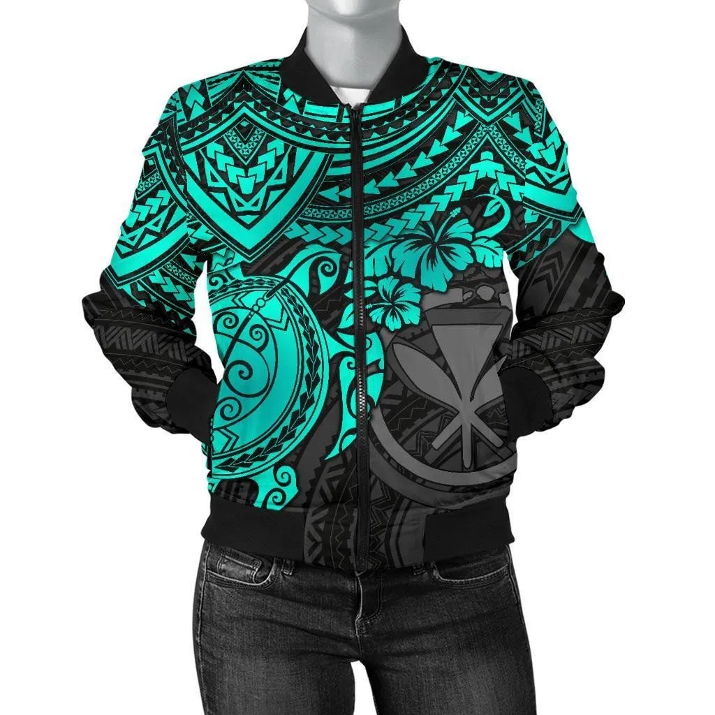 Polynesian Hawaii Bomber Jacket (Women) - Turquoise Turtle - BN15
