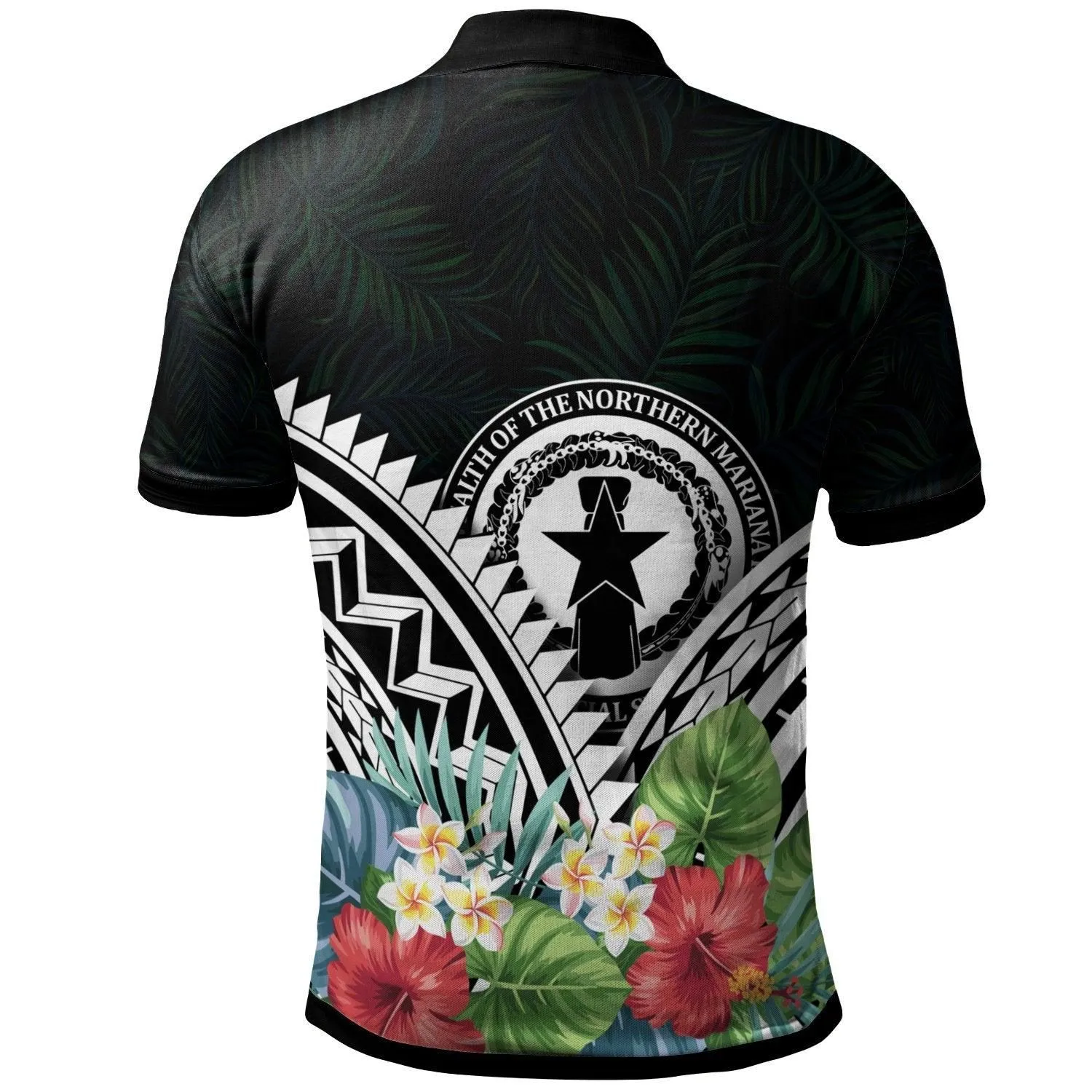 CNMI Polo Shirt - CNMI Coat of Arms & Polynesian Tropical Flowers White
