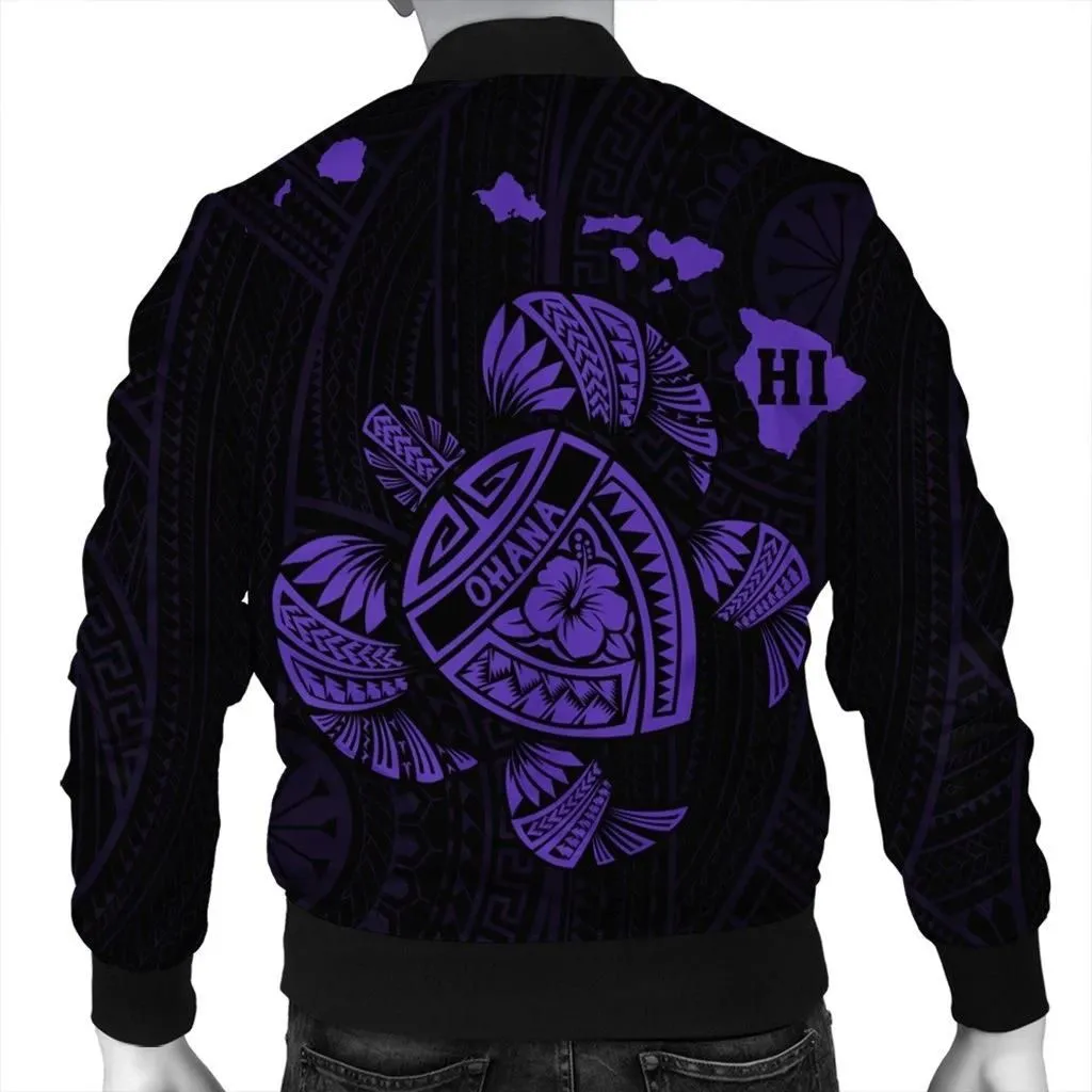 FamilyGater Jacket - Hawaiian Map Turtle Ohana Hibicus Polynesian Bomber Jacket - Purple - AH - J6R