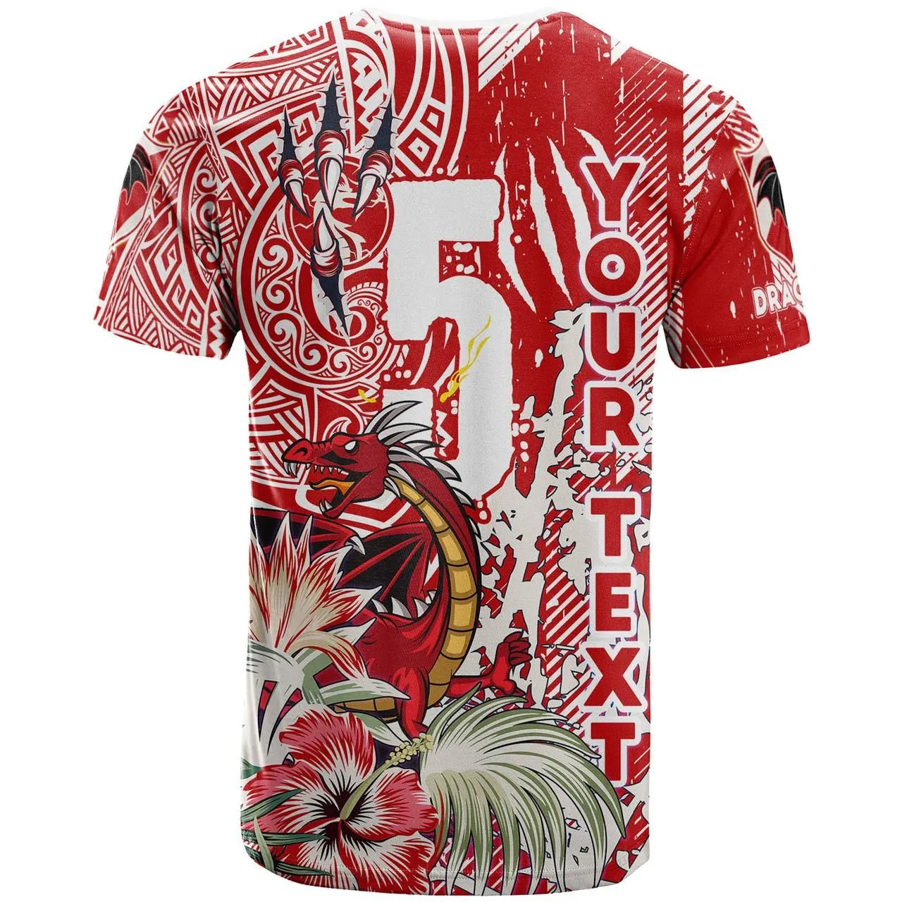 Dragons Rugby T-shirt - Custom Super Dragons Rugby With Hibiscus Flower And Polynesian Patterns Tribal T-shirt