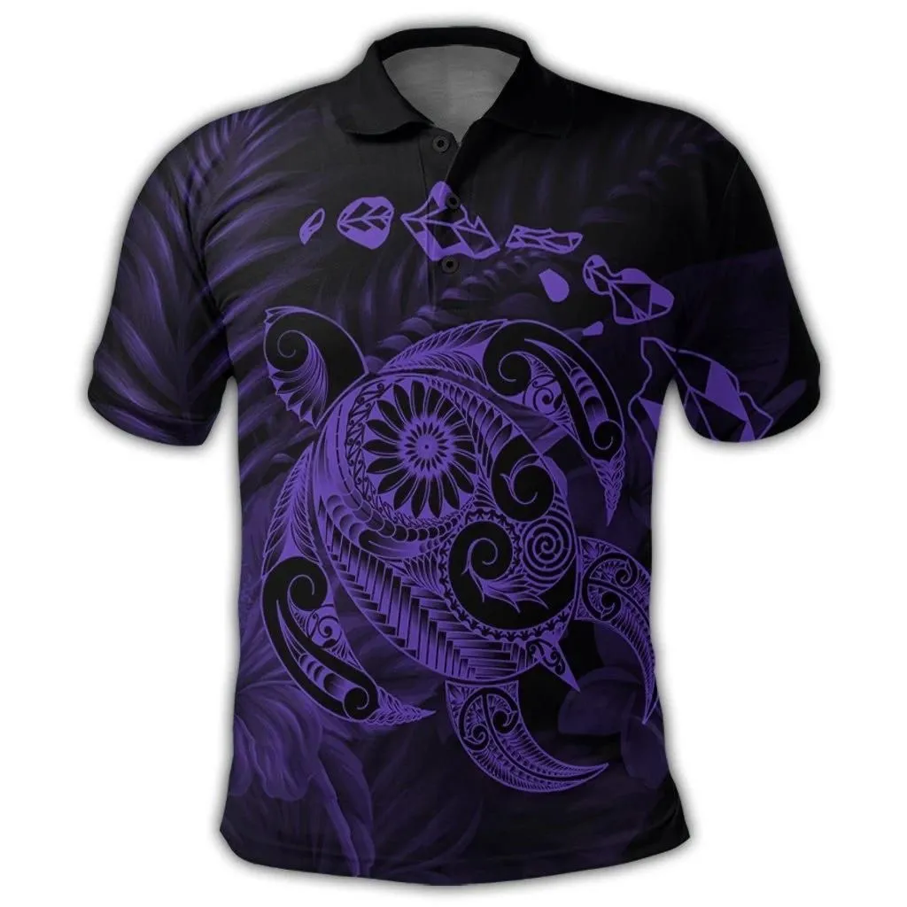 Alohawaii Shirt - Hawaiian Map Turtle Tattoo Hibiscus Plumeria Polynesian Polo Shirt - Purple - AH - J4R