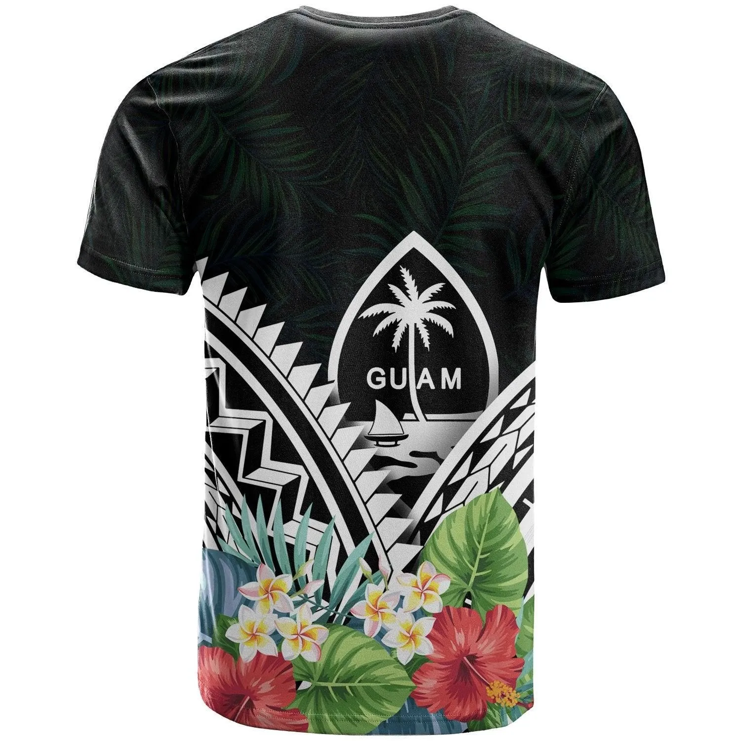 Guam Polynesian T-Shirts -Guam Coat of Arms & Polynesian Tropical Flowers White